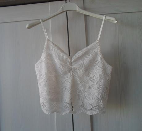 Bílé tričko triko tílko crop top krajkový, new yorker,s