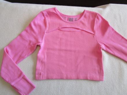 Zajímavé kratší tm. růžové elast. tričko, primark,152