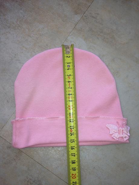 Růžová bavlněná čepička s motýlkem miminko 0+, 50
