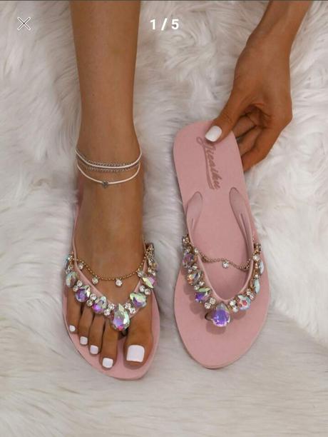 Shein pudrové žabky s řetízky a drahokamy, 41