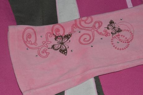 Růžové plyšové tepláky s motýlky a kamínky, 116