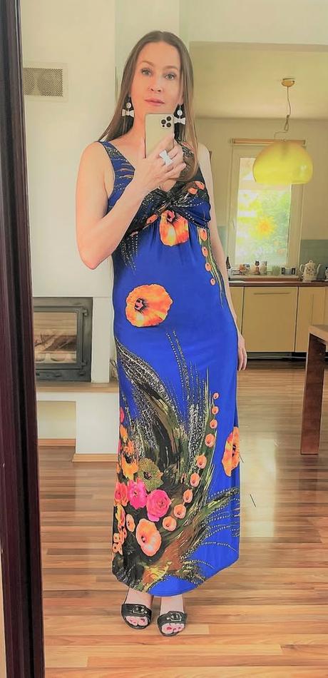 Modré maxišaty s květy, vel cca xs-s, s