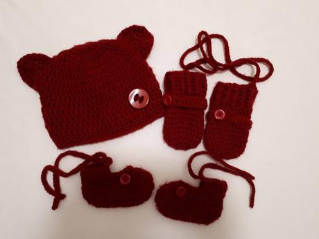 Zimní pletený komplet, čepička, rukavičky, capáčky, 80