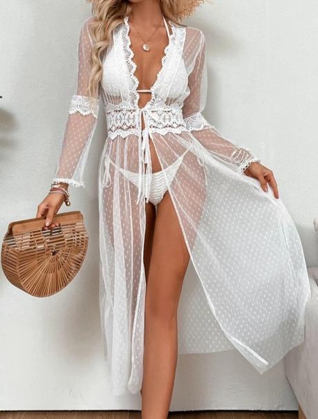 Bílý krajkový plážový přehoz / župan, l