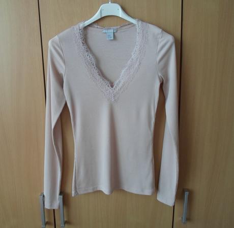 Růžové béžové tričko triko s krajkou dlouhý rukáv, h&m,xs