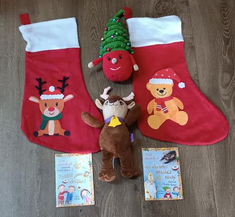 Vánoční set - háčkovaný skřítek, plyšový sob, 