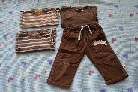 Hnědý set oblečení, manžestrové kalhoty, 3x triko, next,80