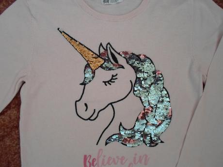 Růžový svetr svetřík s jednorožcem, h&m,146