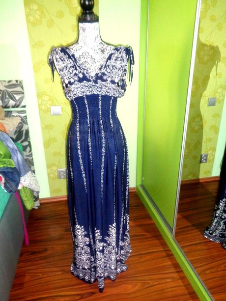 Luxusní modrobílé maxi šaty, l