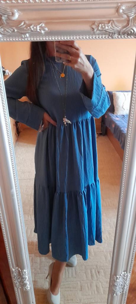 Shein safírové volánové dlouhé šaty, m
