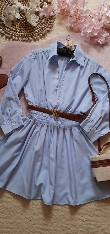 Světle modré košilové mini šaty, l