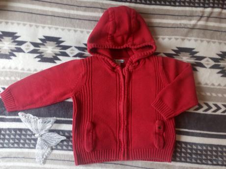 Bavlněný červený svetřík s kapucí, vertbaudet,92