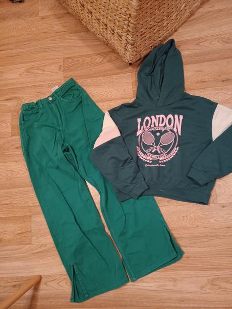 Zelený komplet h&m 146/152 džíny do zvonu a mikina, h&m,152