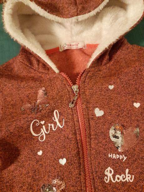 Červenohnědá mikina s flitry s chlupatou kapucí, 128