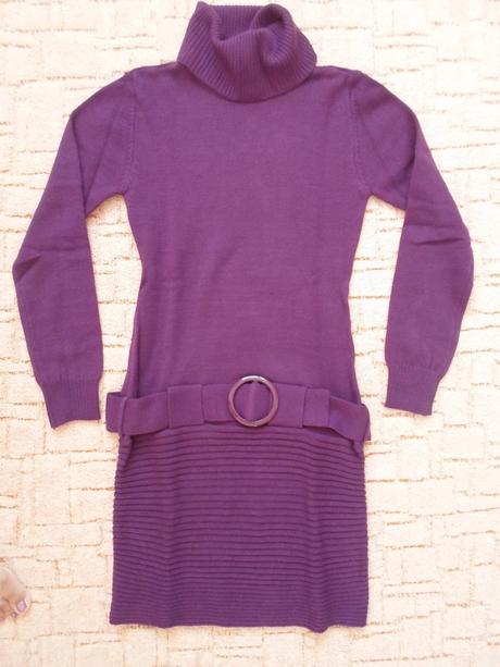 Fialové pletené šaty dlouhý rukáv rolák pásek, 40