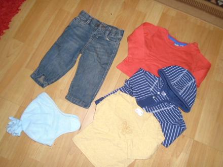 Džíny tričko čepice mikina 6-12m vel 74, 68–80