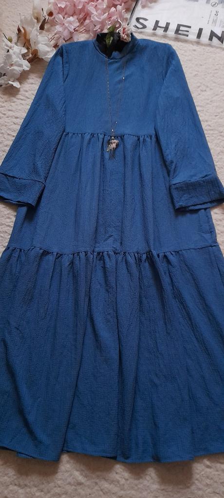 Shein safírové volánové dlouhé šaty, m