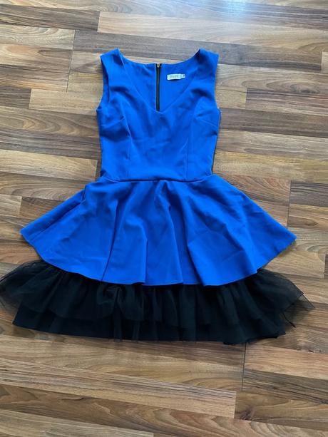 Nové modré šaty s černým volánem, vel xs a možní i, xs