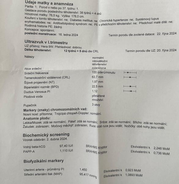 Prvotrimestrální screening. Co říkáte na tyto výsledky?