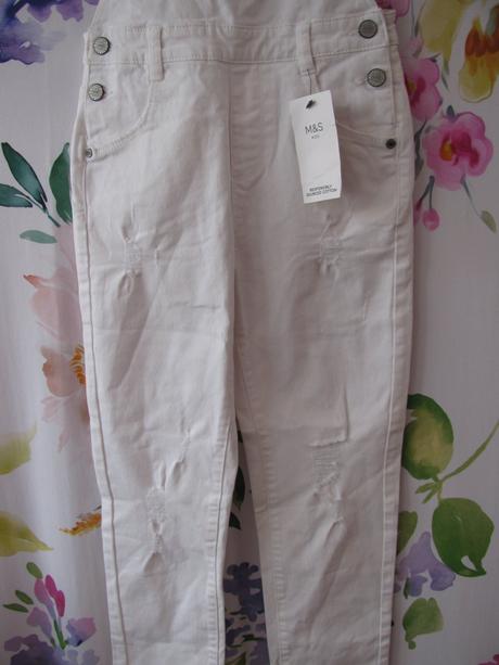Džínové elastické trhané bílé kalhoty s laclem m&s, marks & spencer,140
