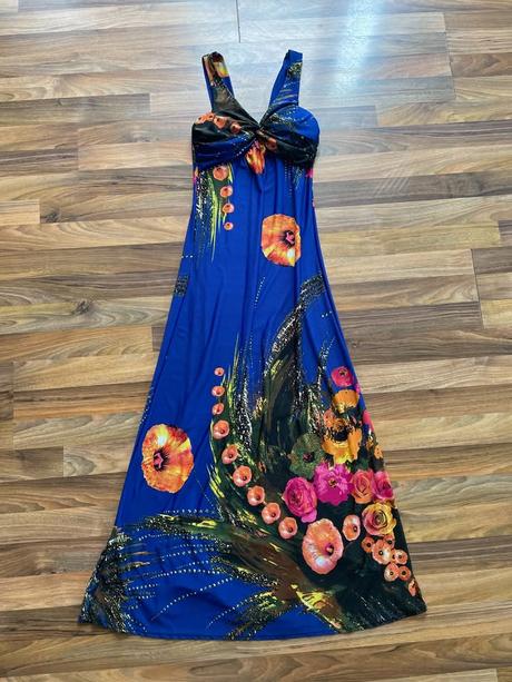 Modré maxišaty s květy, vel cca xs-s, s