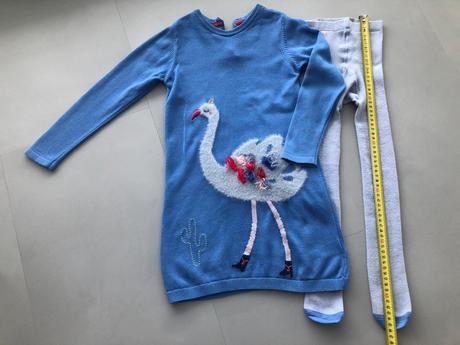 Modré šaty+punčochy pletené 4-5let plameňák 110cm, marks & spencer,110