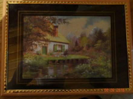 Obraz s chatkou u potoka,