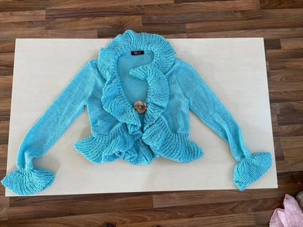 Modrý volán svetřík/bolerko, vel neuvedena cca m,, s