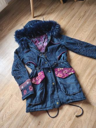 Džínová bunda parka kabát desigual xs/s, desigual,xs