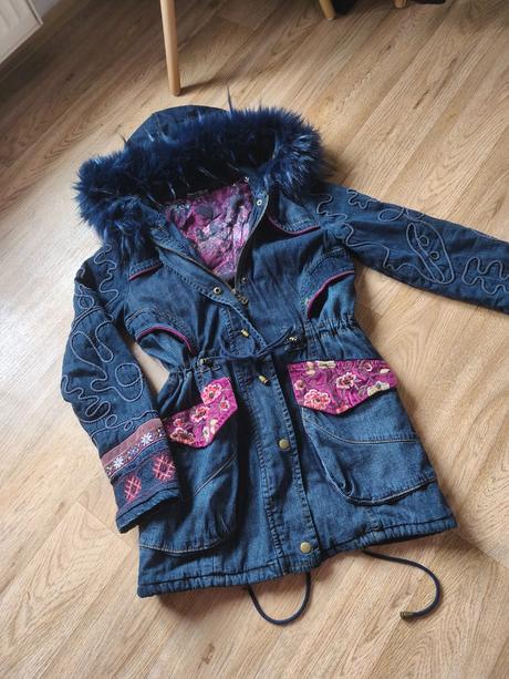 Džínová bunda parka kabát desigual xs/s, desigual,xs