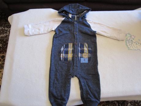 Pěkný šedomodrý bavl. overal s kapucí, vel. 74, f&f,74