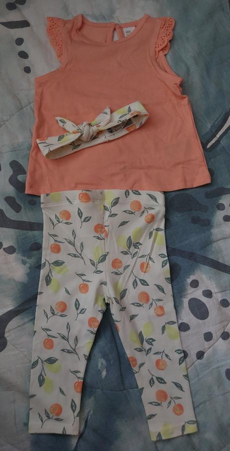 Legíny citrony a pomeranče + top madeira + čelenka, h&m,74