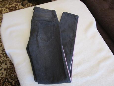 Elastické rifle, po straně růžový proužek, v.140, 140