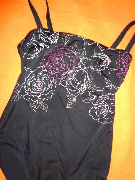 Luxusní černé jednodílné květované plavky, 36