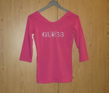 Tmavě růžové dámské tričko s 3/4 rukávem guess, guess,s