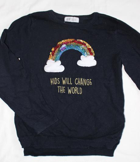 Va76 úpletový svetřík s flitrovou duhou 6-7 let, h&m,122