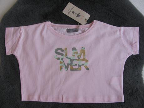 Růžové tričko se zlato zeleným nápisem crop top, house,104