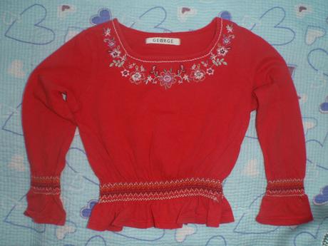 Červené tričko, halenka, vyšívané lemy, květiny, george,104