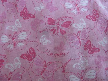 Růžové 3/4 plátěné letní kalhoty s motýlkama, 116
