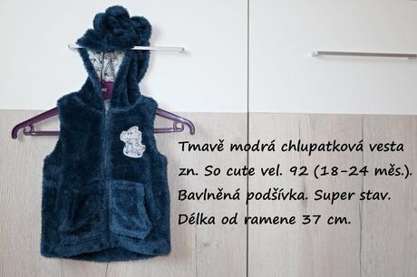 Tmavě modrá chlupatková vesta vel. 92, 92