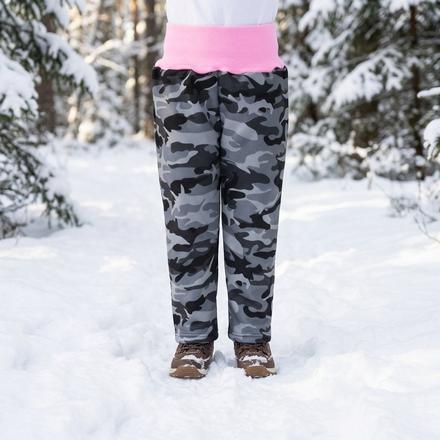 Zimní softshellové kalhoty do sněhu maskáč/růžová, 86 - 152
