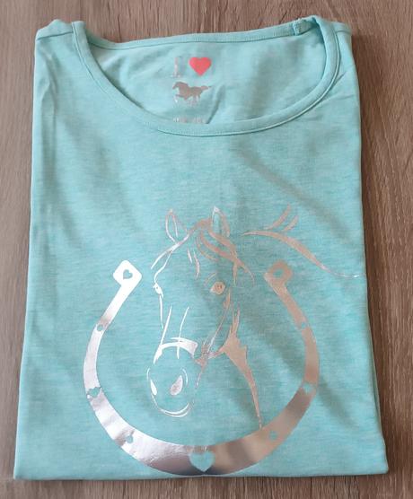 Dívčí triko zelenkavé krátký rukáv kůň tchibo, tchibo,158