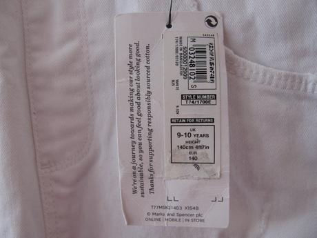Džínové elastické trhané bílé kalhoty s laclem m&s, marks & spencer,140