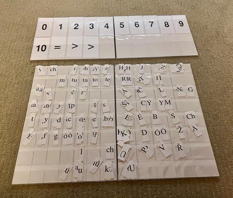 Desky s písmenky a číslicemi,