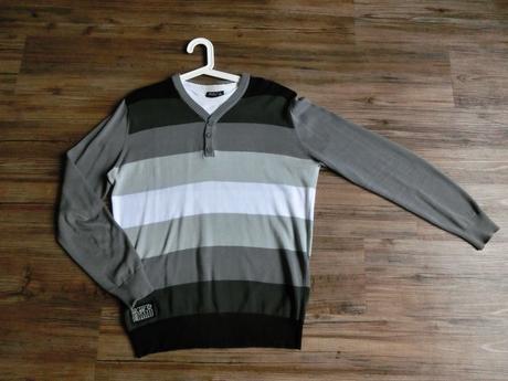 Pánský pruhovaný šedý bílý svetr svetřík okay, m