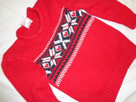 Nádherný červený přízový svetr s alpským vzorem, 104