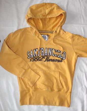 Ub109. hořčicová mikina+výrazný nápis 10-11 let, timeout,146