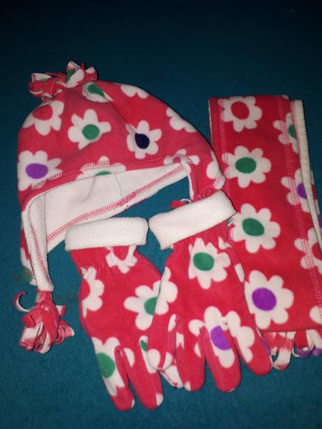 Květovaný komplet čepice + rukavice + šála, mothercare,104