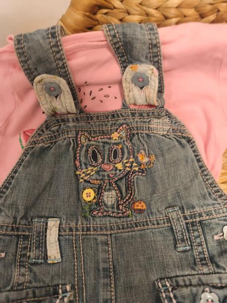 Džínové lacláče s kočičkou + tričko s melounem, marks & spencer,74