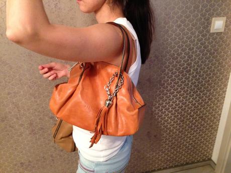 Kabelka a pásek coccinelle vintage oranžová kůže,